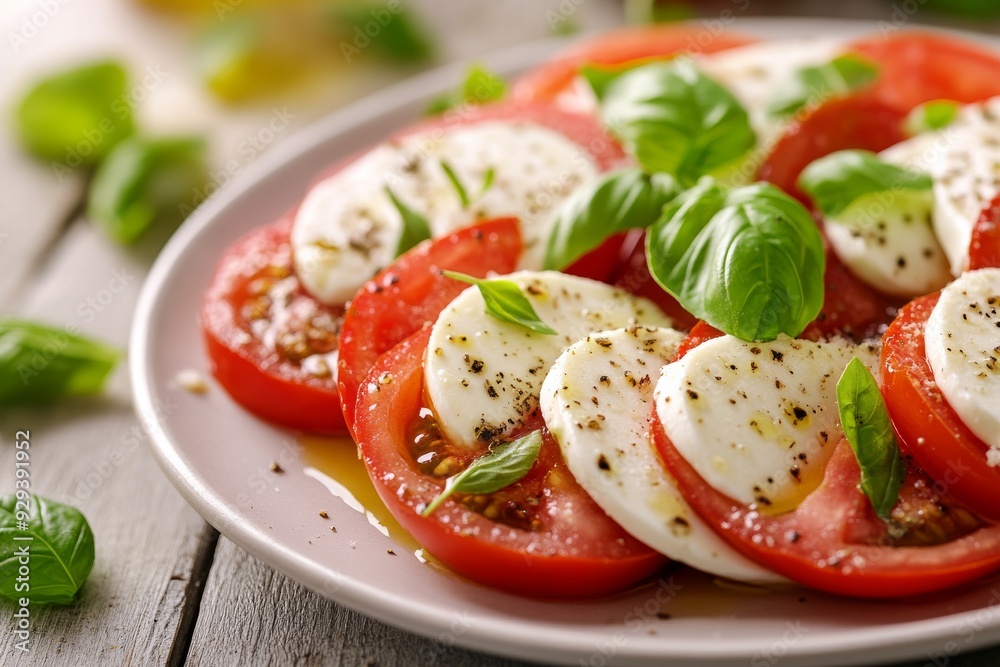 Caprese Salad, A simple salad made with sliced fresh mozzarella, tomatoes, and basil, seasoned with salt and olive oil. Caprese Salad, A simple salad made with sliced fresh mozzarella, tomatoes, and basil, seasoned with salt and olive oil.