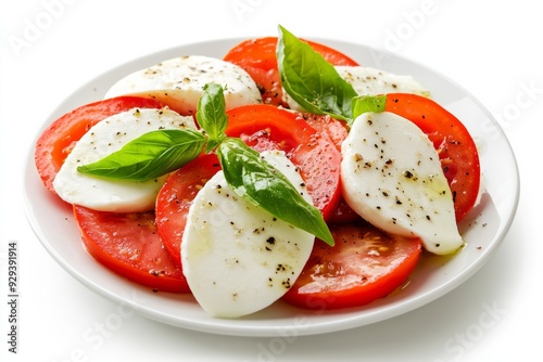 Caprese Salad , A simple salad made with sliced fresh mozzarella, tomatoes, and basil, seasoned with salt and olive oil. Isolated on White Background