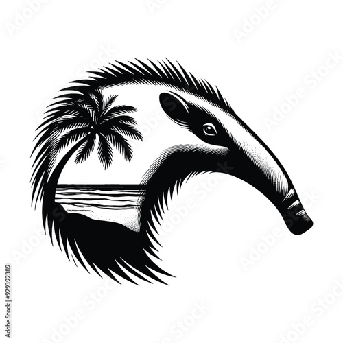 Anteater silhouette, filled with ocean beach view with palm tree in rough drawing,