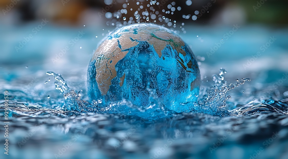 Water droplets form the shape of continents on a globe, copy sapce, emphasizing the interconnectedness of water resources worldwide, Global water awareness concept design Water droplets form the shape of continents on a globe, copy sapce, emphasizing the interconnectedness of water resources worldwide, Global water awareness concept design