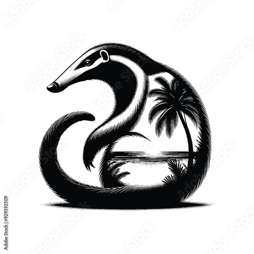 Anteater silhouette, filled with ocean beach view with palm tree in rough drawing,