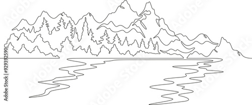 Continuous one line drawing mountain river against the background of hills and mountains. Forest on the river bank. Mountain landscape.One continuous line isolated minimal illustration.