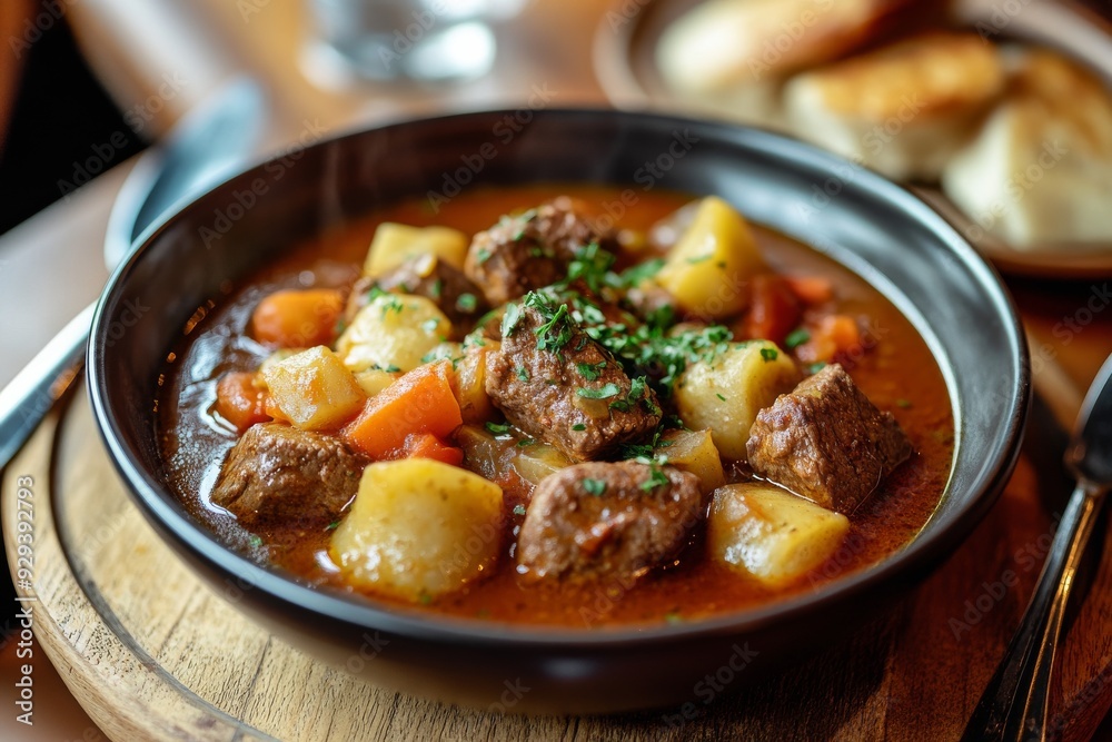 Goulash, A hearty stew made with beef, vegetables, and a rich paprika-infused broth, often served with dumplings or bread.
