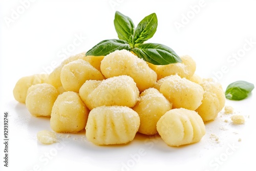 Gnocchi, Soft dough dumplings made from potatoes, flour, and eggs, often served with sauces such as pesto, tomato, or butter and sage. Isolated on White Background