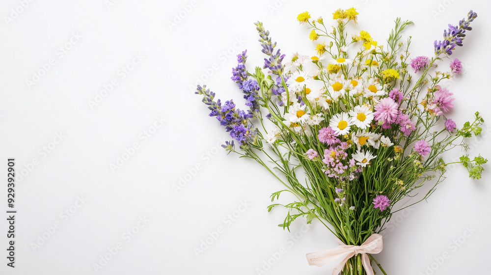 A vibrant bouquet of fresh wildflowers, including lavender, daisies, and other blooms, tied with a ribbon, set against a clean white background.