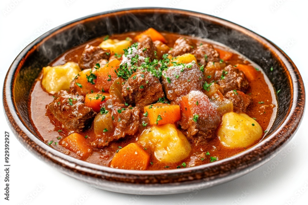 Goulash, A hearty stew made with beef, vegetables, and a rich paprika-infused broth, often served with dumplings or bread. Isolated on White Background Goulash, A hearty stew made with beef, vegetables, and a rich paprika-infused broth, often served with dumplings or bread. Isolated on White Background