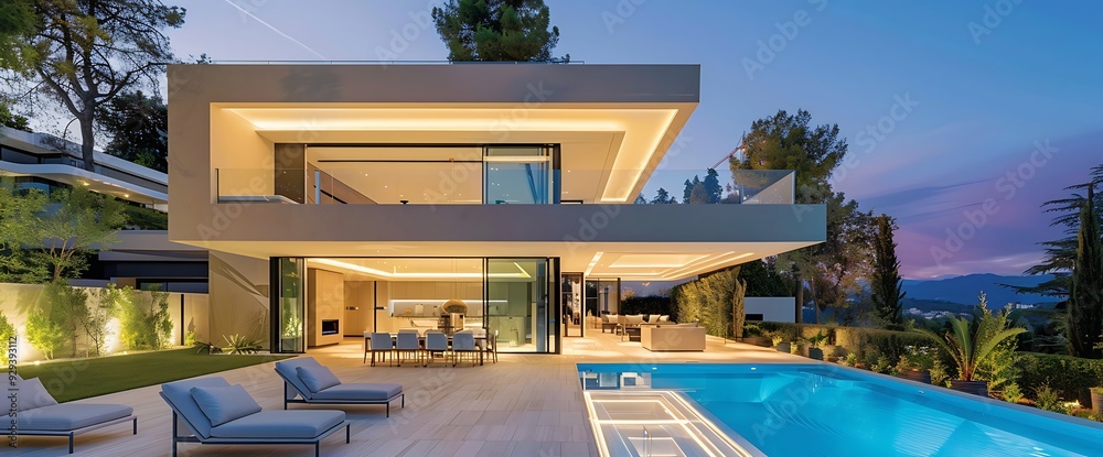 Fototapeta premium Modern house with a swimming pool and a patio, overlooking a forest and mountains in the evening.