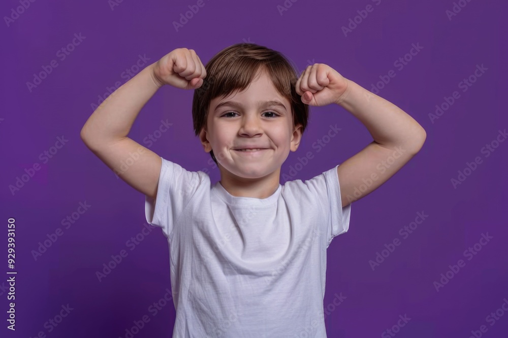 A young boy showcasing his toned physique on a vibrant purple backdrop A young boy showcasing his toned physique on a vibrant purple backdrop