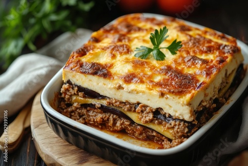 Moussaka, A layered casserole dish made with eggplant, minced meat (usually lamb), tomatoes, and topped with a bÃ©chamel sauce. photo