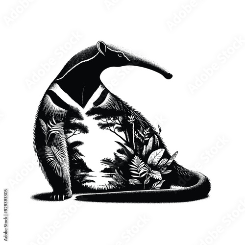 Anteater silhouette, filled with tropical plant in the jungle in rough drawing,