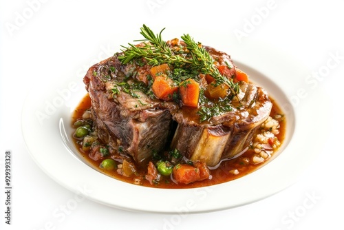 Osso Buco, A Milanese specialty of braised veal shanks cooked with white wine, broth, and vegetables, typically served with gremolata and risotto. isolated on white background