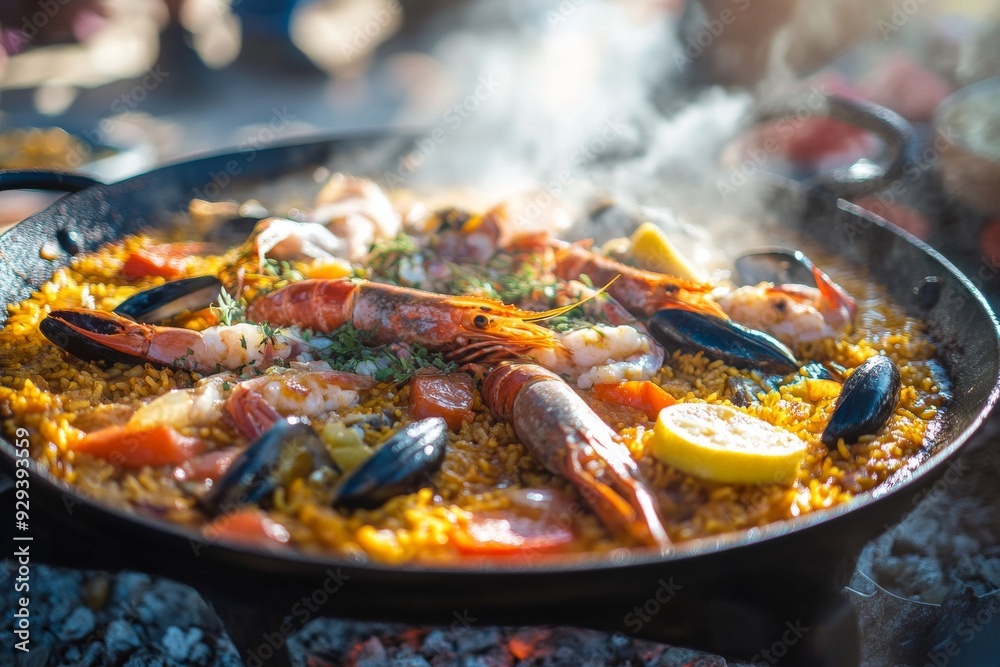 Paella, A rice dish originally from Valencia, made with a variety of seafood, meat (such as chicken or rabbit), vegetables, and seasoned with saffron and other spices. Paella, A rice dish originally from Valencia, made with a variety of seafood, meat (such as chicken or rabbit), vegetables, and seasoned with saffron and other spices.