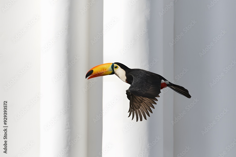Obraz premium Toucan Flying with White Background, Wallpaper, Cover and Screen for Smartphone, Cell Phone, Computer, Laptop
