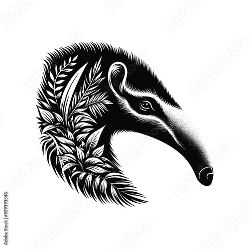 Anteater silhouette, filled with tropical plant in the jungle in rough drawing,