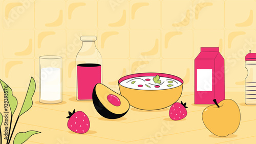 Colorful illustration of a healthy breakfast with fruits, yogurt, and juice. Concept of nutritious eating and balanced diet.


