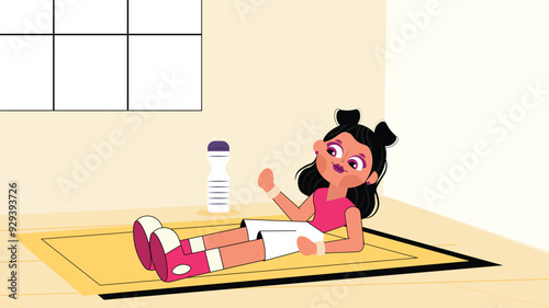 Cartoon woman resting on a yoga mat after a workout with a water bottle nearby. Concept of post-exercise recovery and hydration.

