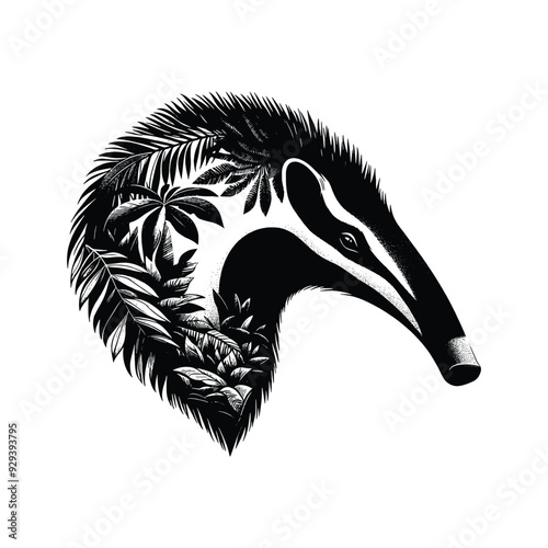Anteater silhouette, filled with tropical plant in the jungle in rough drawing,