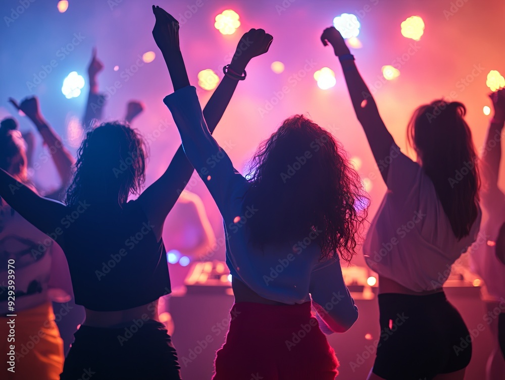 People dancing joyfully at a vibrant nightclub during a lively event in the evening People dancing joyfully at a vibrant nightclub during a lively event in the evening
