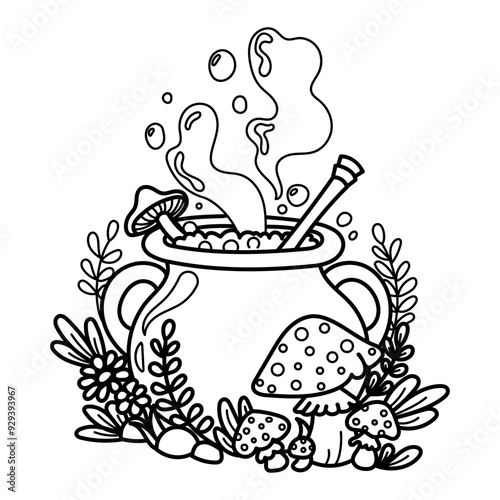 Enchanting cauldron bubbling with a magical potion, surrounded by mushrooms and plants. Halloween vector illustration 