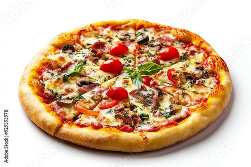 Pizza , A dish made with a flat, round base of dough baked with a topping of tomato sauce and cheese, often with additional toppings such as meats, vegetables, and herbs. Isolated on White Background