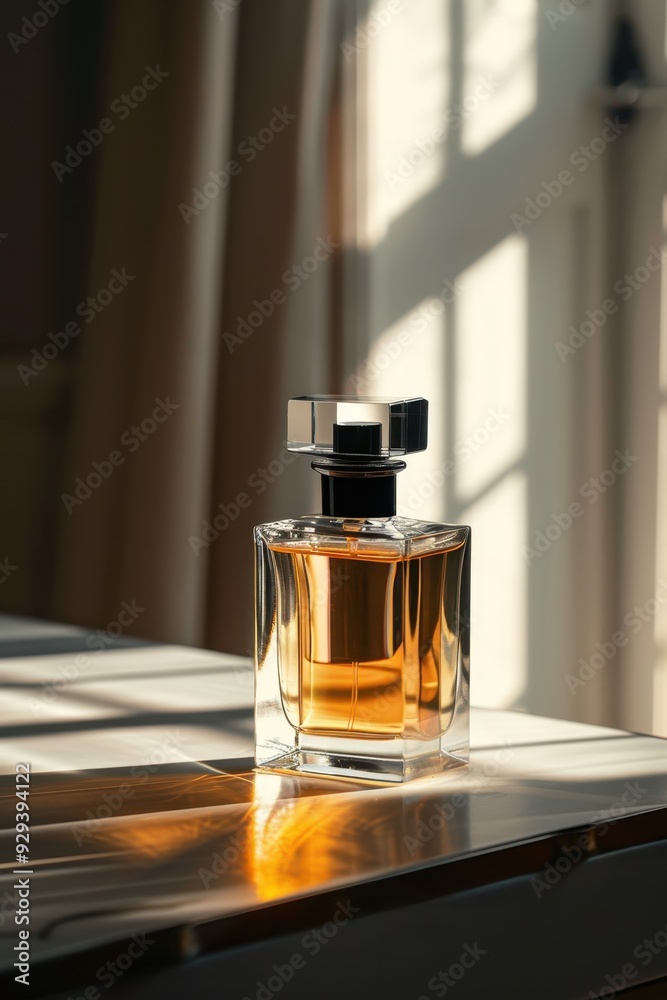 Elegant perfume bottle with golden liquid on a sunlit table. Elegant perfume bottle with golden liquid on a sunlit table.