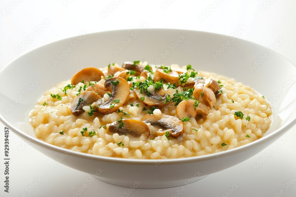 Risotto , A creamy rice dish cooked with broth until it reaches a smooth consistency, often made with ingredients such as mushrooms, seafood, or saffron. Isolated on White Background Risotto , A creamy rice dish cooked with broth until it reaches a smooth consistency, often made with ingredients such as mushrooms, seafood, or saffron. Isolated on White Background