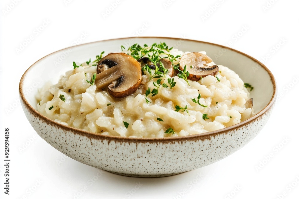 Risotto , A creamy rice dish cooked with broth until it reaches a smooth consistency, often made with ingredients such as mushrooms, seafood, or saffron. Isolated on White Background Risotto , A creamy rice dish cooked with broth until it reaches a smooth consistency, often made with ingredients such as mushrooms, seafood, or saffron. Isolated on White Background