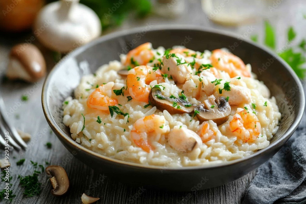 Risotto, A creamy rice dish cooked with broth until it reaches a smooth consistency, often made with ingredients such as mushrooms, seafood, or saffron. Risotto, A creamy rice dish cooked with broth until it reaches a smooth consistency, often made with ingredients such as mushrooms, seafood, or saffron.