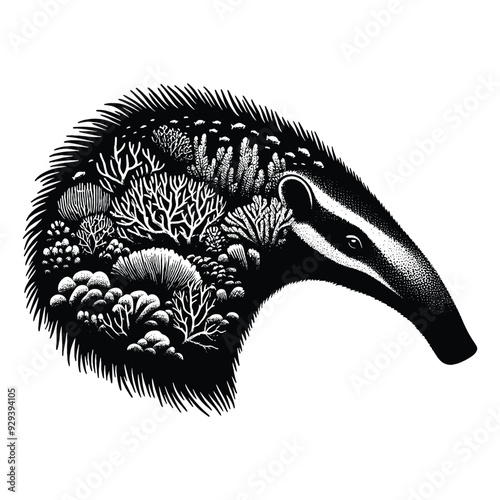 Anteater silhouette, filled with underwater view with corals in rough drawing,