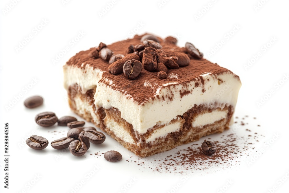 Tiramisu, A popular coffee-flavored Italian dessert made with layers of ladyfingers soaked in coffee, mascarpone cheese, and cocoa powder. isolated on white background Tiramisu, A popular coffee-flavored Italian dessert made with layers of ladyfingers soaked in coffee, mascarpone cheese, and cocoa powder. isolated on white background