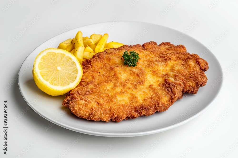 Wiener Schnitzel , A breaded and deep-fried veal cutlet, traditionally served with a slice of lemon and potato salad or fries. Isolated on White Background Wiener Schnitzel , A breaded and deep-fried veal cutlet, traditionally served with a slice of lemon and potato salad or fries. Isolated on White Background