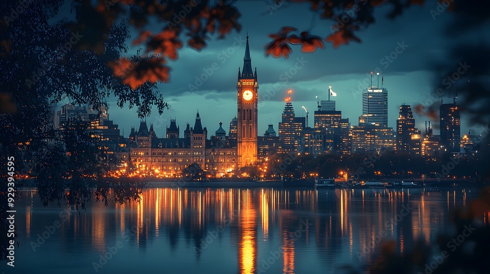 Obraz premium Ottawa Parliament Buildings at Night with Reflections.