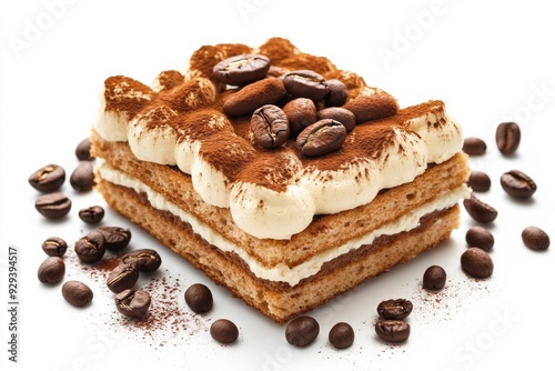 Tiramisu, A popular coffee-flavored Italian dessert made with layers of ladyfingers soaked in coffee, mascarpone cheese, and cocoa powder. isolated on white background