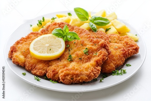 Wiener Schnitzel , A breaded and deep-fried veal cutlet, traditionally served with a slice of lemon and potato salad or fries. Isolated on White Background
