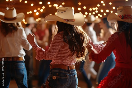Cowboys and cowgirls line dancing at a country music event in a barn with string lights illuminating the atmosphere