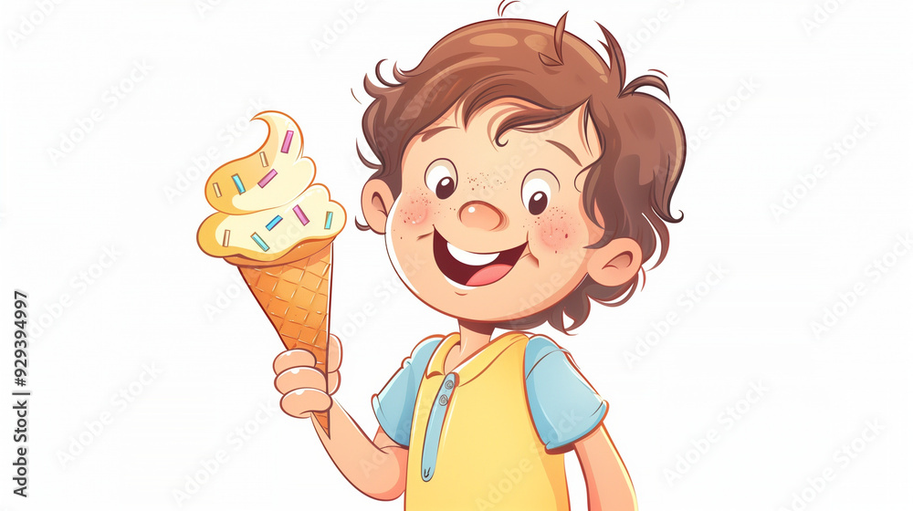 Smiling young boy with curly hair holding an ice cream cone with sprinkles against a white background. Smiling young boy with curly hair holding an ice cream cone with sprinkles against a white background.