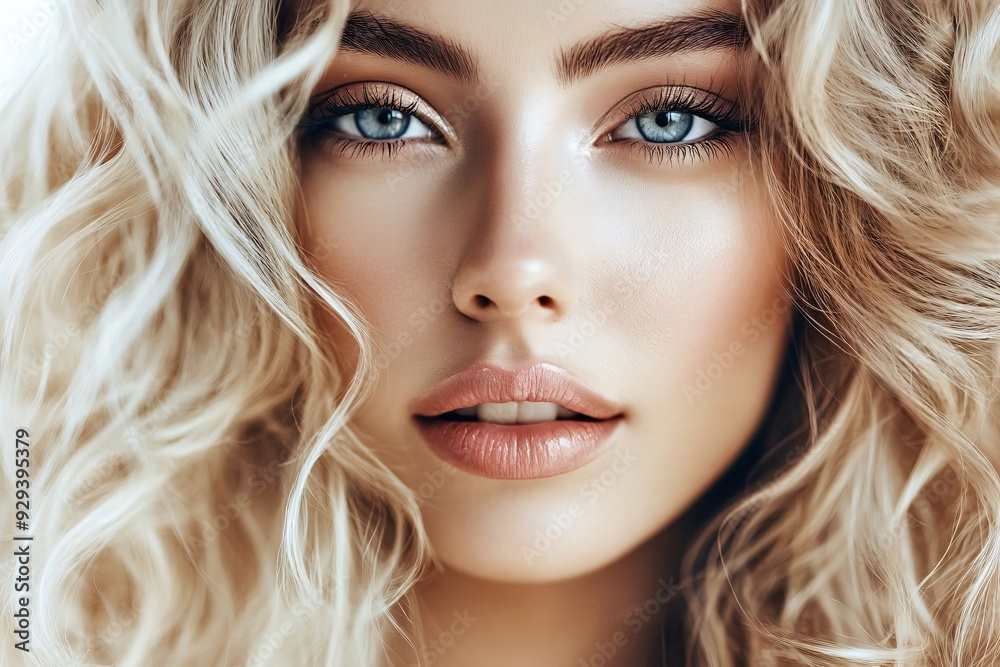 Beautiful blonde woman posing with wavy hair looking at camera Beautiful blonde woman posing with wavy hair looking at camera