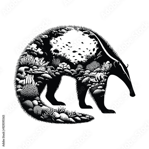 silhouette of Anteater, the interior of is filled with underwater view with coral in rough drawing,