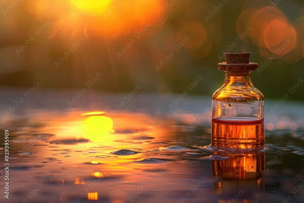 A bottle of liquid sitting on a table A bottle of liquid sitting on a table