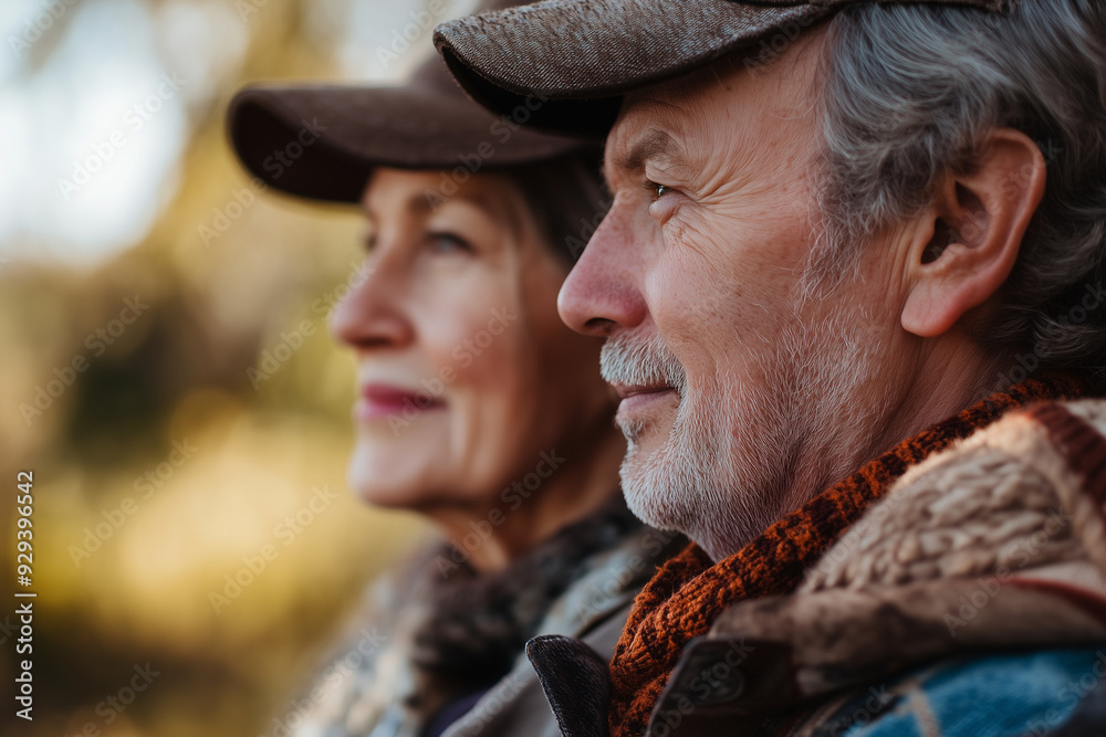 Close-up of a senior Caucasian man and woman wearing hats and jackets, enjoying a peaceful moment outdoors during autumn. Close-up of a senior Caucasian man and woman wearing hats and jackets, enjoying a peaceful moment outdoors during autumn.