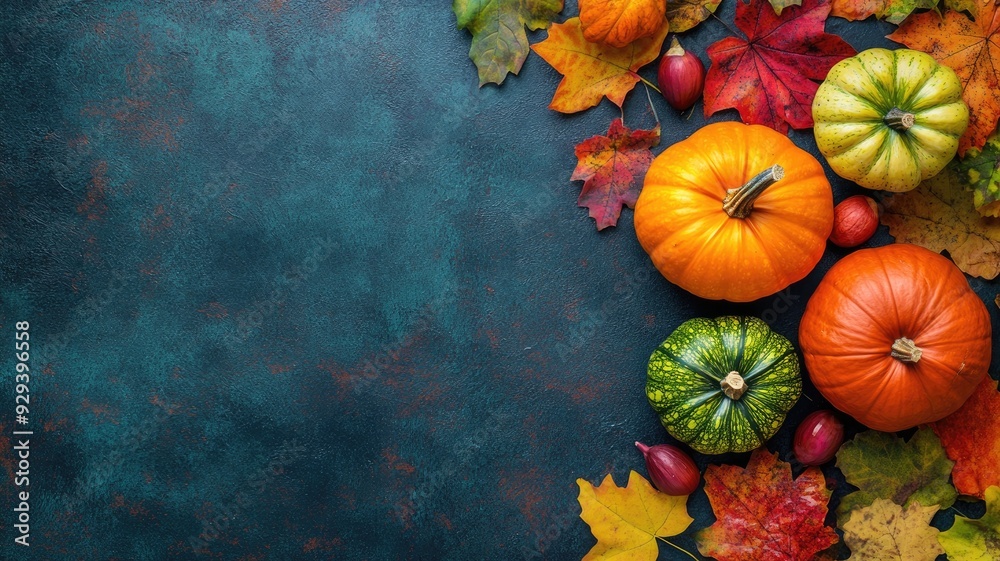 Colorful autumn leaves and pumpkins on rustic blue background