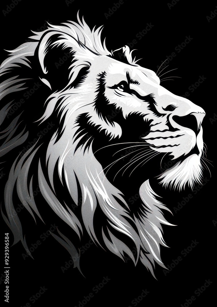 Black and white illustration of a majestic lion's head with intricate details. Black and white illustration of a majestic lion's head with intricate details.