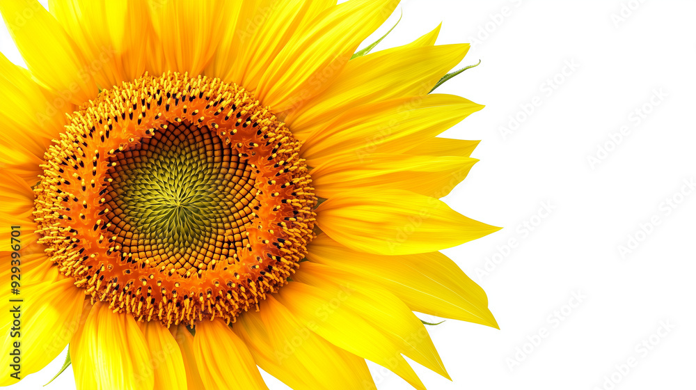 Fototapeta premium Close-up of a vibrant yellow sunflower with detailed petals and seeds, against a clean white background.