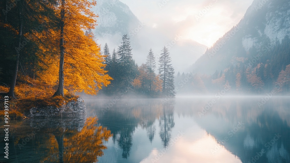 Mountain lake surrounded by autumnal trees with mist Mountain lake surrounded by autumnal trees with mist