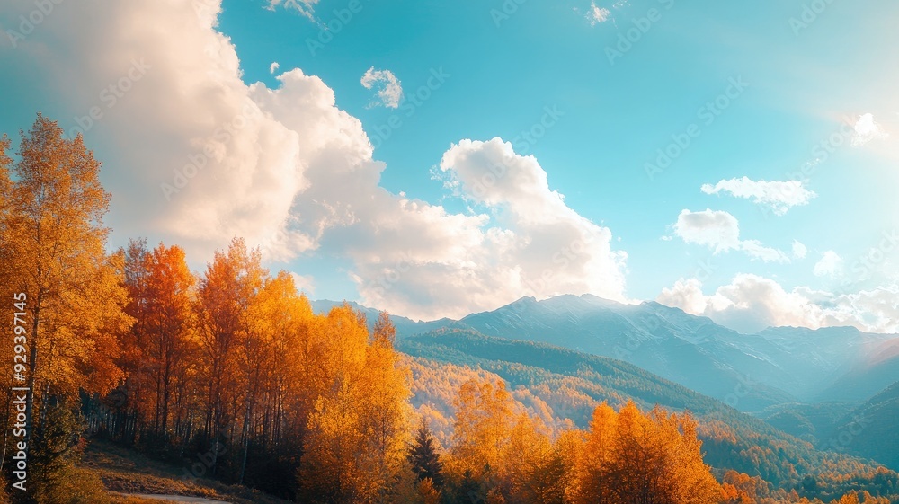 Fototapeta premium Serene landscape with vibrant autumn trees, mountains, and blue sky