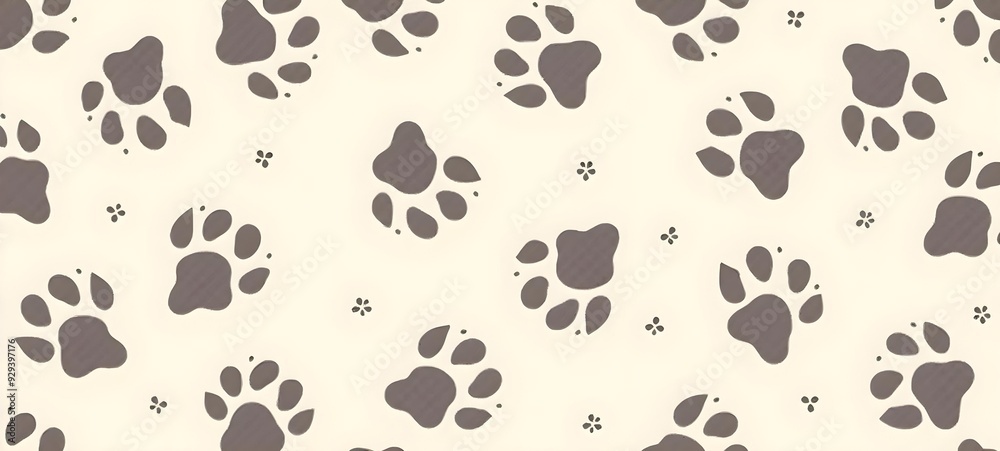 Seamless Pattern of Paw Prints in Shades of Brown and Gray with Black Dots on Light Beige Background in Minimalistic Design Seamless Pattern of Paw Prints in Shades of Brown and Gray with Black Dots on Light Beige Background in Minimalistic Design