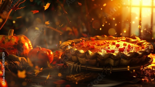 A freshly baked pumpkin pie with a golden crust, placed on a decorative plate