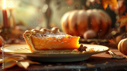 A slice of vibrant pumpkin pie topped with a swirl of cream and an orange garnish