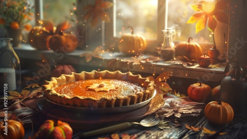 A golden, freshly baked pumpkin pie with a perfectly flaky crust