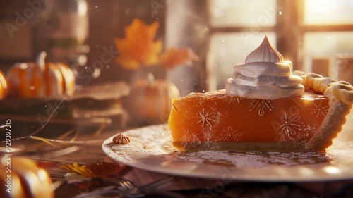 A slice of pumpkin pie with a flaky crust on a white plate, illuminated by warm sunlight